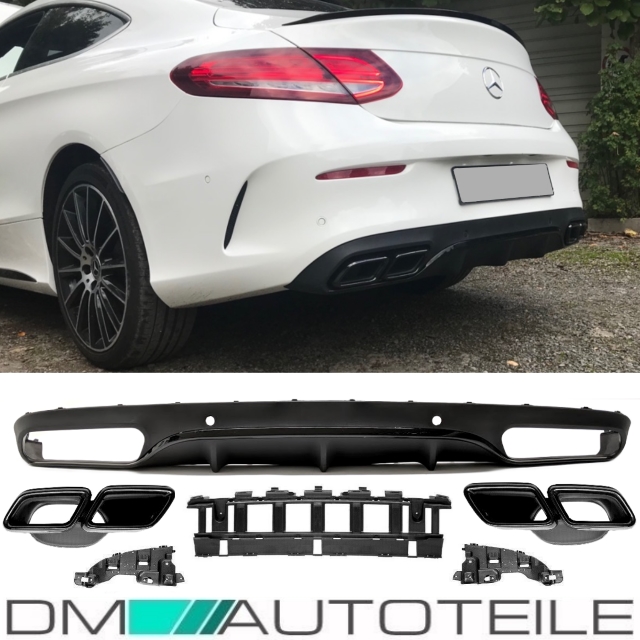 Rear Diffusor Black Gloss + Tail Pipes fits on Mercedes C-Class C205 ...