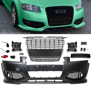 Front bumper made of ABS +Equipment fits on Audi A3 8P 8PA w/o S3 +grill chrome/ black 03-08