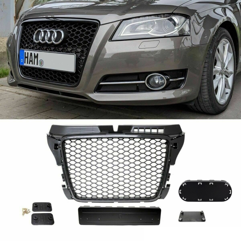 Badgeless Front Grille Grille Honeycomb Black Gloss fits Audi A3 8P 08-13  RS3 Mod