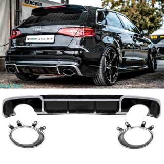 Rear Diffusor Black Gloss + Exhaust Pipes fits for Audi A3 8V 12-16 RS3 Mod.