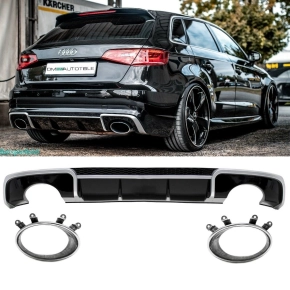 Rear Diffusor Black Gloss + Exhaust Pipes fits for Audi...