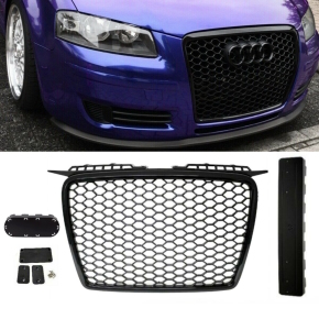 Front Grille honeycomb black finish + license plate holder + fitts on Audi A3 8P 8PA 05-08 w/o RS3