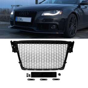 Front Grille honeycomb black gloss+ license plate holder suitable for Audi A4 B8 08-12 + RS4