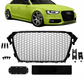 Front Grille honeycomb black gloss license plate holder suitable for Audi A4 B8 Facelift 11-15 + RS4