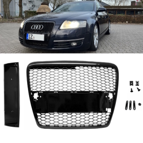 Front Grille black honeycomb finish + license plate base plate for Audi A6 C6 04-09 RS6