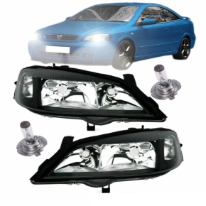 Set Opel (Vauxhall) Astra G headlights left + right clear glass black H7/HB3 97-04 - 2x H7 bulbs