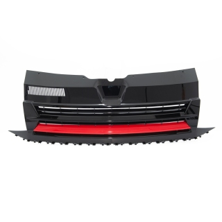 Kühlergrill Sport schwarz glänzend + Leiste Rot Clean ohne Emblem passt für VW T6 ab 04/2015