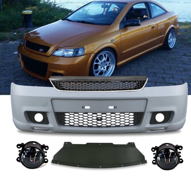 Set Opel (Vauxhall) Astra G OPC II design Front Bumper ABS / fog lights  Smoke incl. Front Grille without emblem with chrome trim 97-05