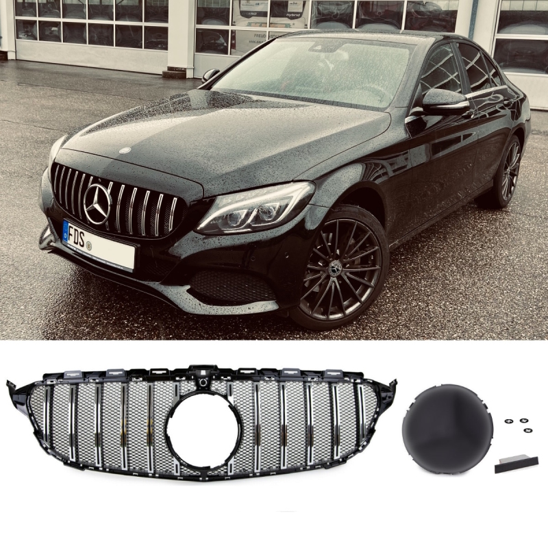Radiator Grille Black Chrome +Race fits on Mercedes W205 C205 to  Sport-Panamericana GT
