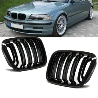 Sport Doppelsteg-Kühlergrill für BMW 3er E46 Vorfacelift in Schwarz Glanz
