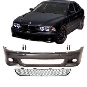 Set BMW E39 Sport Front Bumper black for headlight washer + Park assist + accessories for M-Sport M5 + bolts