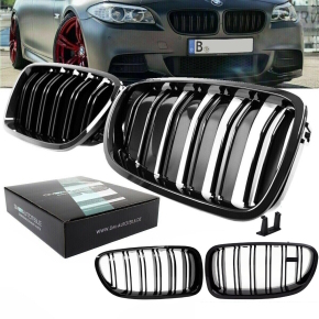 1 Set Front Grille gloss black Dual Slats + emblem holder fits on BMW 5-Series F10 F11 all models also M5 M