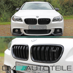 SET Kühlergrill Grill Schwarz Glanz Doppelsteg +Emblemhalter passend für BMW 5er F10 F11 auch M M5