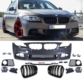 ABS Sport Front Bumper primed+Accessoires + Front Grille Dual Slat Gloss Black fits on BMW 5-Series F10 F11 M-Sport 10-13