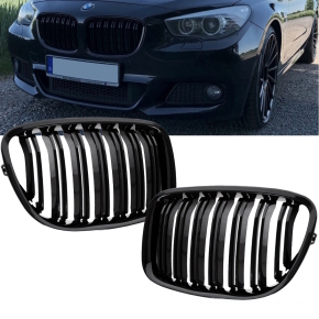 Set Dual Slat Kidney Front Grille Black Gloss fits on BMW 5-Series GT (F07) up 2008