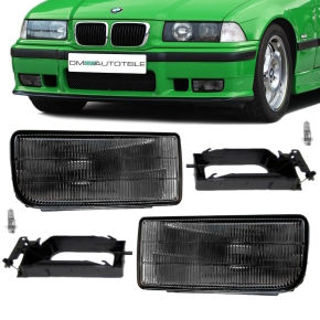 SET FOG LIGHTS FITS ON BMW E36 M3 GENUINE OEM FOGS SMOKE BLACK LAMPS+2x H1 BULBS