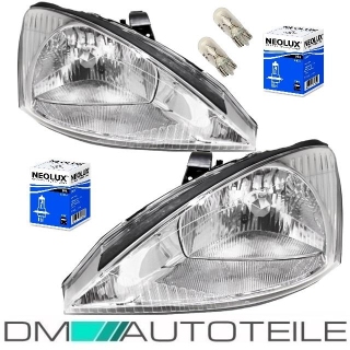 Set Headlights H4 Chrome OEM for Ford Focus Year 98-01 + Full Set of Bulbs