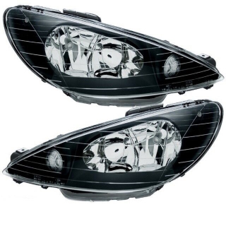 Peugeot 206 headlight clearglass left & right black 98-06 H7/H7