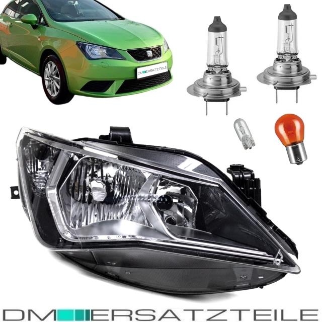 Set Seat Ibiza 6J Headlight Right Chrome Black 12-15 H7/H7 + Bulbs Kit