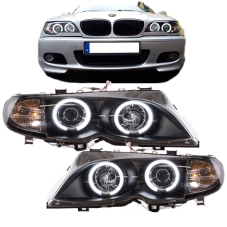 LED Angel Eyes Scheinwerfer für BMW 3er E46 Coupe / Cabrio 99-03 schwarz  Set
