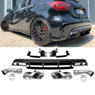 Rear Diffusor Black Gloss + Red Lip + Tail Pipes fits on Mercedes W176 Facelift up 2015 AMG Line