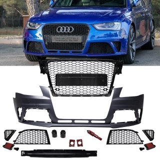 Sport Front Bumper + Honeycomb Grille Black Gloss fits Audi A4 B8 08-12 w/o RS4