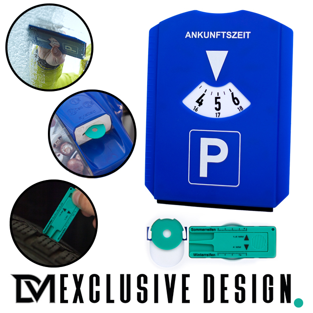 DM Exclusive Design+ Parkscheibe 6 in 1 Parkuhr +Reifenprofiltiefenmesser,  Eiskratzer und Einkaufswagenchip Kunststoff blau fürs