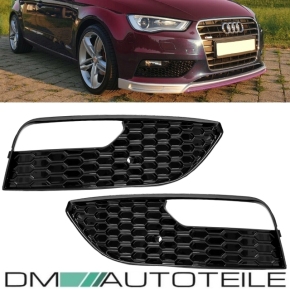 Set Honeycomb Black Gloss Front Grille Kidney+Fog Lights Cover fits Audi A3 8V 3/5 Doors 12-16 w/o RS3