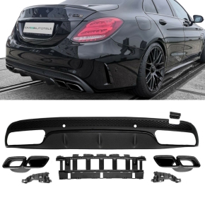 Diffusor Black +Set Pipes fits on Mercedes C-Class W205 Saloon 14-18 AMG Sport
