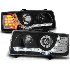 Scheinwerfer Tagfahrlicht LED schwarz+LED Blinker passt für VW T4 kurz ab 90-03