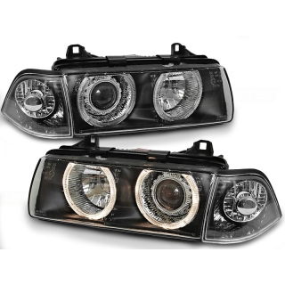 Scheinwerfer mit LED Angel Eyes passend für BMW 3er E36 ab 1990-1999 in Schwarz