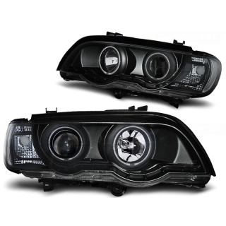 Xenon Scheinwerfer mit LED Angel Eyes passt für BMW X5 E53 ab 1999-2003 Schwarz