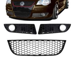 Set 3pcs Black Gloss Front Bumper Honeycomb Fog Lights Vents fits on VW POLO 9N3 MK3 GTI
