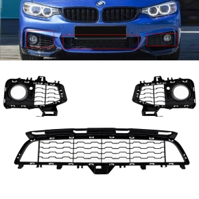 Set of front lower grille+ fogs cover black gloss fits on BMW 4-Series F32 F33 F36 M-Sport