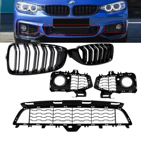 Set of front lower grille+ fogs cover black gloss +Dual Slat fits on BMW 4-Series F32 F33 F36 M-Sport