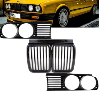  Set of Front Kidney Grille + Headlamp Cover black gloss fits on BMW 3-Series E30 Facelift up 1987