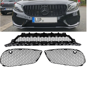 Gitter Set Stoßstange Waben Schwarz Glanz passend für Mercedes C Klasse W205 S205 14-18 mit AMG Line
