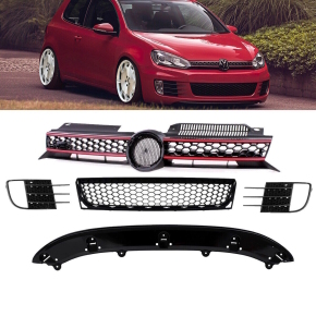 Set 5tlg. hochglanz schwarz Stoßstangengitter +Spoiler + Kühlergrill +Gitter SET passt für VW Golf 6 GTI GTD