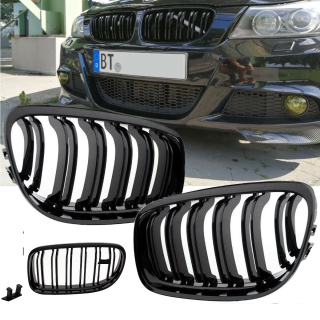 Doppelsteg Kühlergrill für BMW 3er E90 / E91 + LCI auch für M-Paket in Schwarz Glanz 