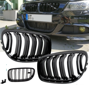 Doppelsteg Kühlergrill für BMW 3er E90 / E91 + LCI auch für M-Paket in Schwarz Glanz 