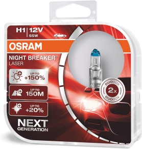 Osram Night Breaker Laser H1 next Generation, +150% mehr Helligkeit, Halogen-Scheinwerferlampe, 64150NL-HCB, 12V PKW, Duo Box
