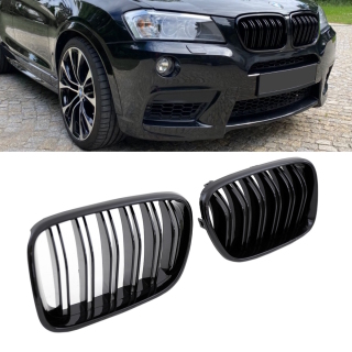 Sport-Performance Doppelsteg-Kühlergrill SET für BMW X3 F25 Vorfacelift in Schwarz Glanz