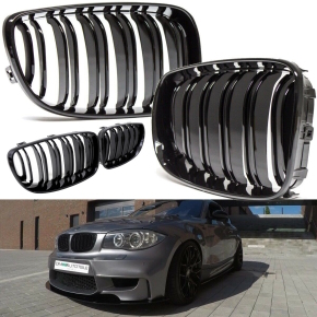 Kühlergrill Doppelsteg für BMW E81 E82 E87 E87 Facelift auch M Schwarz Glanz Set