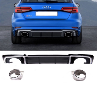 Rear Diffusor Black Gloss + Exhaust Pipes fits for Audi A3 8V 3-doors up 2016 w/o RS3