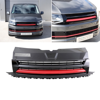 Kühlergrill Hochglanz Schwarz Leiste Rot clean ohne Emblem passt für VW T6 Multivan Transporter 2015-2019 auch Sportline