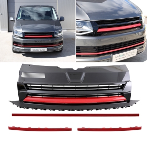 Frontgrill Grille Badged Black /Red gloss w/o Emblem clean +Trims  fits on all VW T6 up 2015-2019 also Sportline