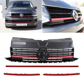 Frontgrill Grille Badged Black Red gloss with Emblem + lower Trims fits on all VW T6 up 2015-2019 also Sportline