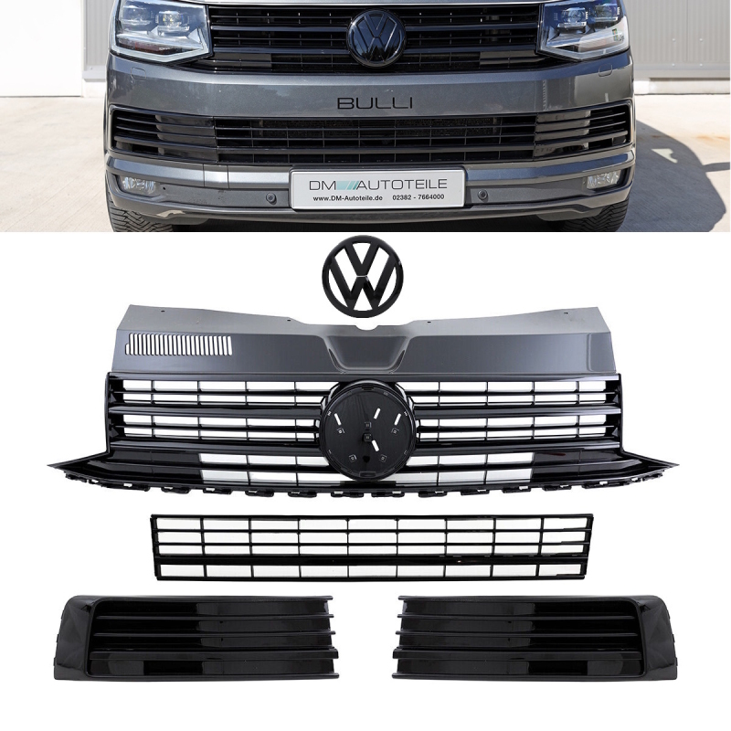 Set Kühlergrill + Gitter+ Emblem Hochglanz Schwarz Kit passt für VW T6  Multivan Transporter 2015-2019