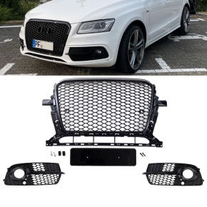 Kühlergrill Wabendesign +Gitter Set Schwarz glanz komplett mit/ohne PDC passt für Audi Q5 8R Facelift ab 2012 S-Line