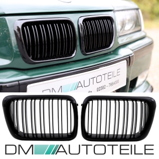 Satz 2x Kühlergrill Grill Schwarz Glanz Doppelsteg passend für BMW 3er E36 Facelift ab Baujahr 1996